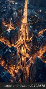Aerial view of a busy city intersection at peak hours. High quality illustration. Aerial view of a busy city intersection at peak hours
