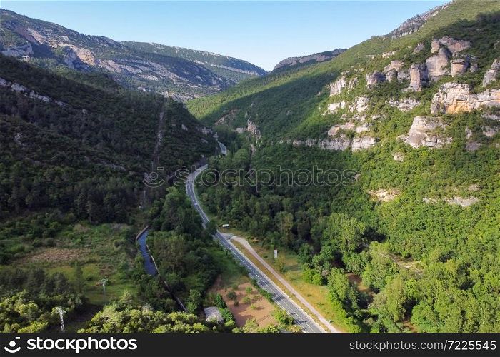 Aerial view of a canyon and the Ebro river passing through it in Burgos province, Castilla y Leon, Spain .. Aerial view of a canyon and the Ebro river passing through it in Burgos province, Castilla y Leon, Spain.