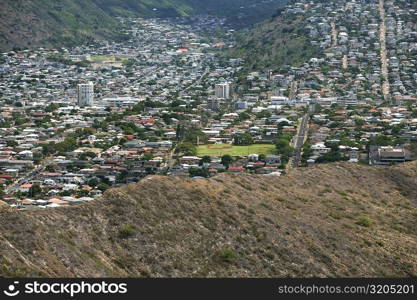 Aerial view of a cityscape, Diamond Head, Waikiki Beach, Honolulu, Oahu, Hawaii Islands, USA