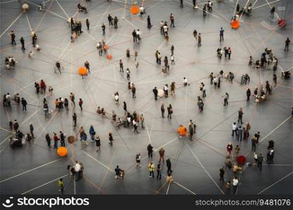 Aerial view of a crowd of people communicating with each other in a network of connections. Generative AI