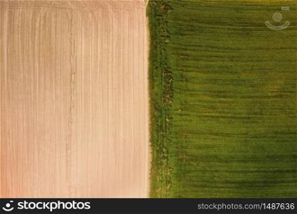 Aerial view of a field with green sprouting young vegetation and a yellow ungreen field surface, abstract impression .. Aerial view of a field with green sprouting young vegetation and a yellow ungreen field surface, abstract impression.