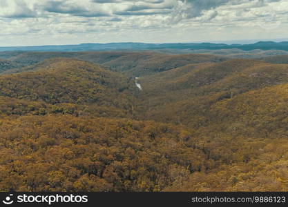 Aerial view of a forest and bushland in The Blue Mountains in New South Wales in regional Australia