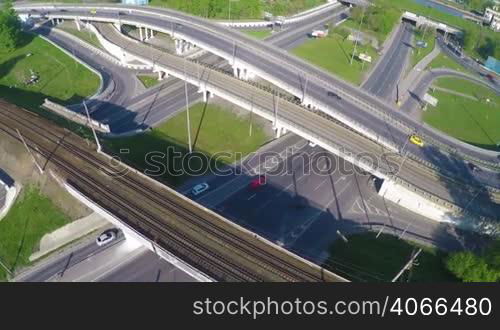 Aerial view of a freeway intersection.