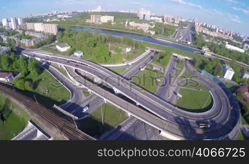 Aerial view of a freeway intersection.