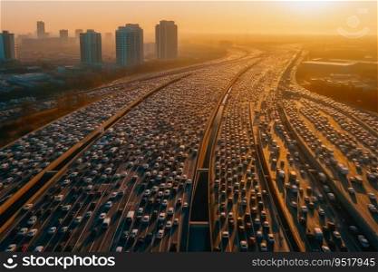 Aerial view of a highway with a huge traffic jam created with generative AI technology