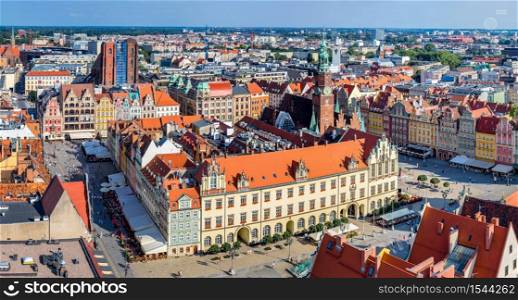 Aerial view of a Market Square in Wroclaw, Poland in a summer day