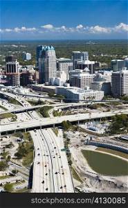 Aerial view of a multiple lane highway in a city, Interstate 4, Orlando, Florida, USA