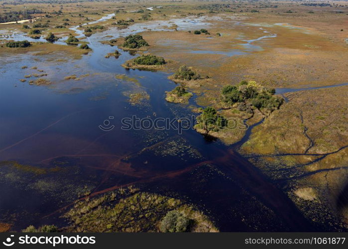 Aerial view of a small part of the Okavango Delta in northern Botswana, Africa.