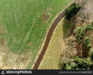 Aerial view of a stream flowing through meadows and fields with a small pine forest on one side, made with drone