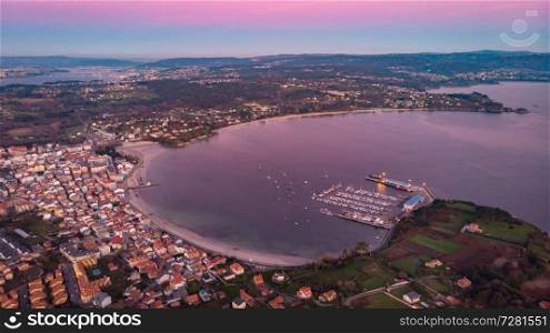 Aerial view of a town at the sunset with beautiful colors