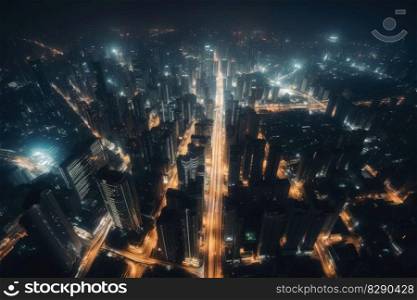 Aerial view of a town long exposure with lots of lights created with generative AI technology