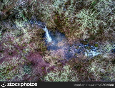 Aerial view of a waterfall in the Hell River in Asturias, Spain.