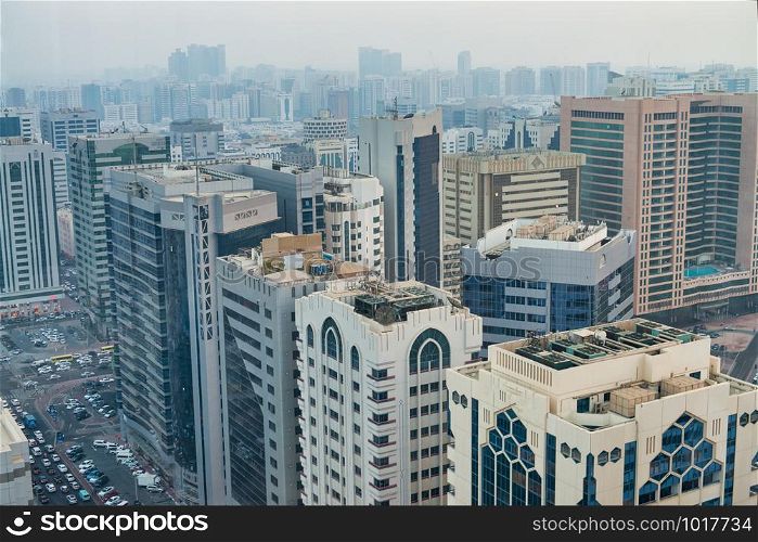 Aerial view of Al Danah district skyline in Abu Dhabi, United Arab Emirates.
