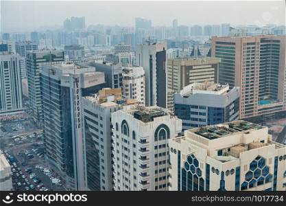 Aerial view of Al Danah district skyline in Abu Dhabi, United Arab Emirates.