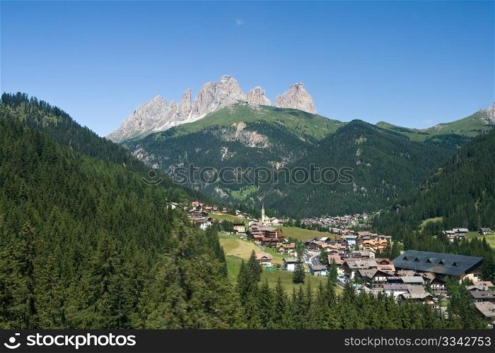 Aerial view of Alba di Canazei and Fassa valley, Italy