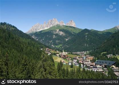 Aerial view of Alba di Canazei and Fassa valley, Italy
