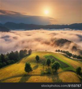 Aerial view of alpine meadows and mountains in low clouds at amazing sunrise in summer. Top drone view of hills with green grass and trees in fog, colorful sky in Slovenia. Nature. Mountain valley 