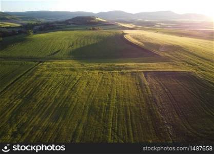 Aerial view of an amazing rural summer landscape, with endless yellow field at sunset .. Aerial view of an amazing rural summer landscape, with endless yellow field at sunset.