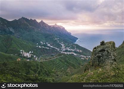 Aerial view of Anaga Mountain range with Taganana village in the evening, Tenerife, Canary Islands, Spain