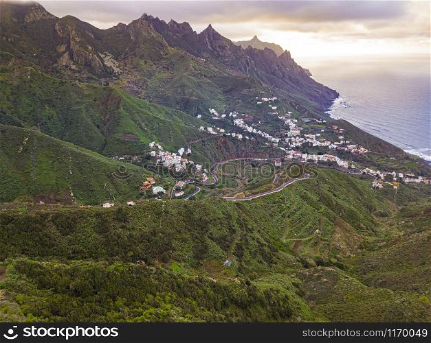 Aerial view of Anaga Mountain range with taganana village, Tenerife, Canary Islands, Spain