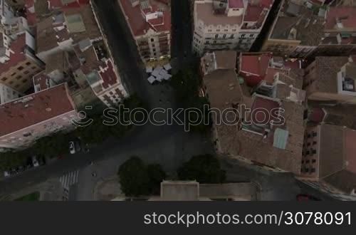 Aerial view of ancient Serranos Towers of 14th century with following panorama of Valencia, Spain