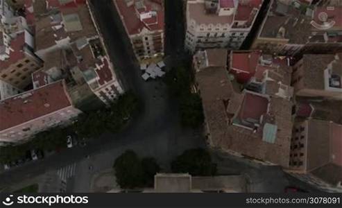 Aerial view of ancient Serranos Towers of 14th century with following panorama of Valencia, Spain