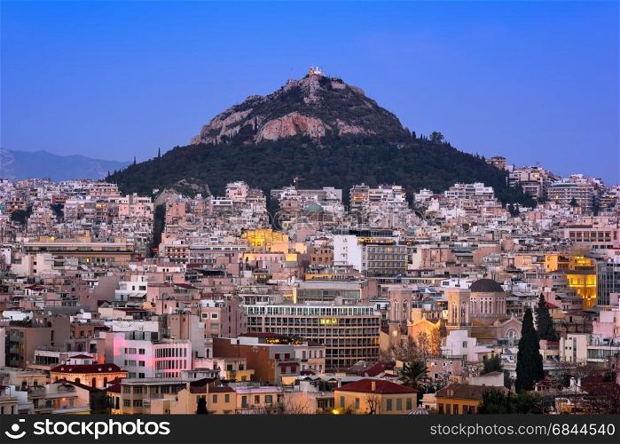 Aerial View of Athens and Mount Lycabettus from Areopagus Hill, Athens, Greece