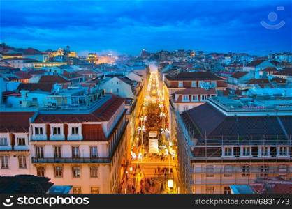 Aerial view of Augusta street and the Old Town of Lisbon at twilight. Portugal