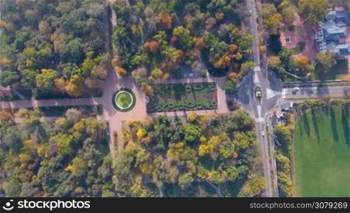 Aerial view of autumnal nature scenery in city park. Beauty nature scene at fall season.