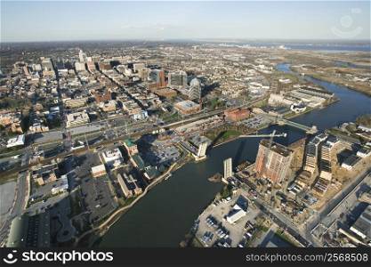 Aerial view of Baltimore, Maryland with river and drawbridges.