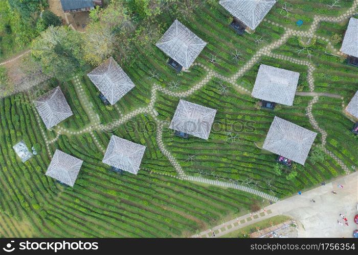 Aerial view of Ban Rak Thai village, chinese hotel resort, Mae Hong Son, Thailand. Nature landscape in travel trip and vacation.