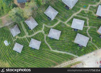 Aerial view of Ban Rak Thai village, chinese hotel resort, Mae Hong Son, Thailand. Nature landscape in travel trip and vacation.