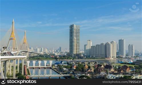 Aerial view of Bangkok city with Chao Phraya river in Thailand
