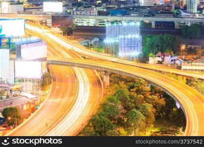aerial view of Bangkok downtown Highway in business area at Night