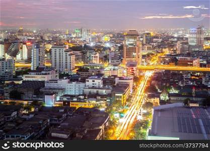 aerial view of Bangkok downtown in business area at Night
