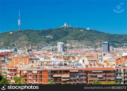 Aerial view of Barcelona.. Aerial view of the city and Mount Tibidabo. Barcelona. Spain.