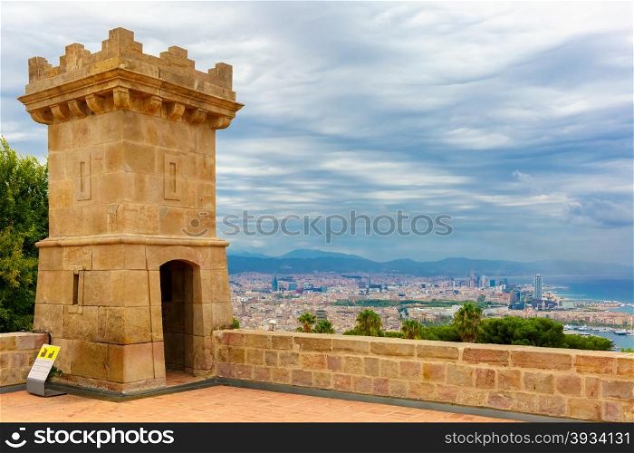 Aerial view of Barcelona from hill Montjuic, Catalonia, Spain