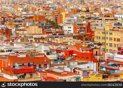 Aerial view of Barcelona from the Montjuic hill, Catalonia, Spain.