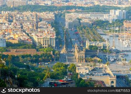 Aerial view of Barcelona.. View of the embankment and column Columbus in Barcelona.
