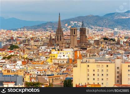 Aerial view of Barcelona with Cathedral of the Holy Cross and Saint Eulalia de Barcelona from the Montjuic hill, Catalonia, Spain.