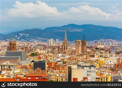 Aerial view of Barcelona with Cathedral of the Holy Cross and Saint Eulalia de Barcelona from the Montjuic hill, Catalonia, Spain.