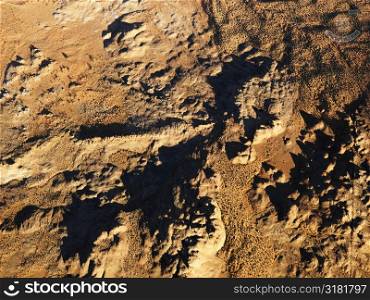 Aerial view of barren arrid desert landscape.