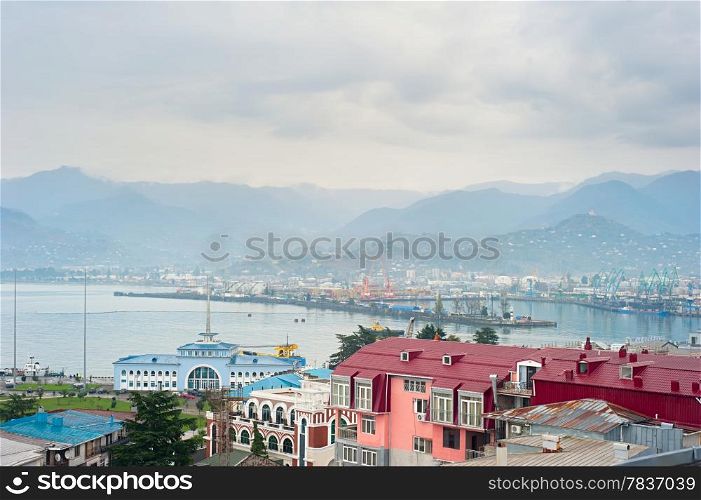 Aerial view of Batumi port , Georgia with mountains on background