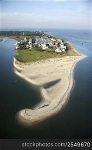 Aerial view of beach and residential community on Bald Head Island, North Carolina.