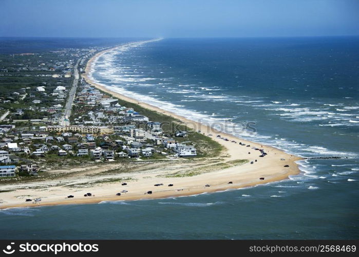 Aerial view of beachfront property and Vilano Beach at Saint Johns, Flordia.