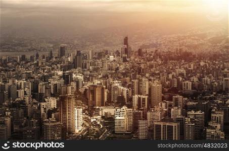 Aerial view of beautiful cityscape on sunset, arabic architecture, down town, middle east, Lebanon, travel and vacation concept