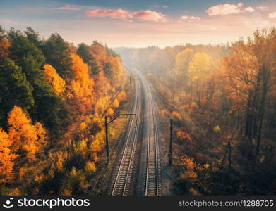 Aerial view of beautiful railroad in autumn forest in foggy sunrise. Industrial landscape with railway station, sky, trees with orange leaves, fog and sun rays. Top view of rural railway platform