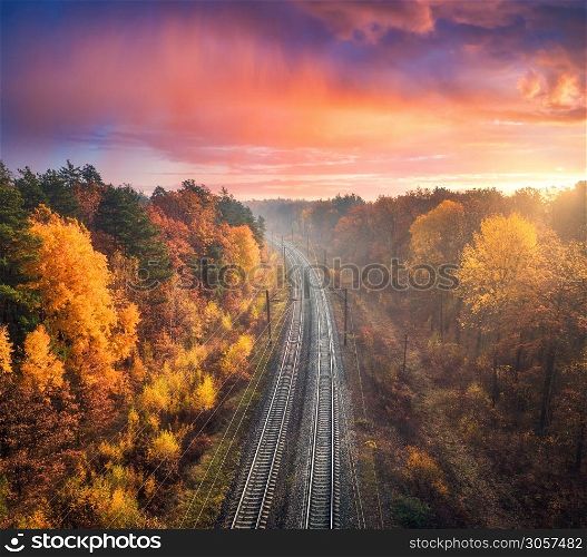 Aerial view of beautiful railroad in autumn forest in foggy sunrise. Industrial landscape with railway station, blue sky with red clouds, trees with orange leaves, fog. Top view of railroad in fall