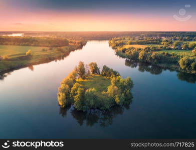 Aerial view of beautiful small island with green trees in the river at sunset in summer. Colorful landscape with island, meadow, forest and sky reflection in blue water. Top view from air. Nature . Aerial view of small island with green trees in the river