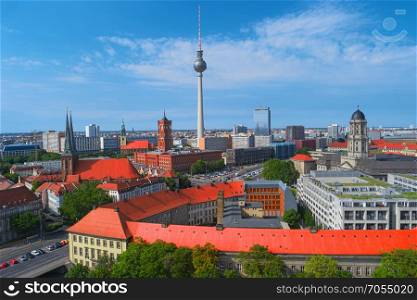 Aerial view of Berlin skyline in sunny summer day, Germany, Europe. City panorama with famous landmarks in Berlin. City center with Television Tower, Town Hall near Alexanderplatz. Cityscape of Berlin. Berlin city skyline, Germany, Europe. Aerial view
